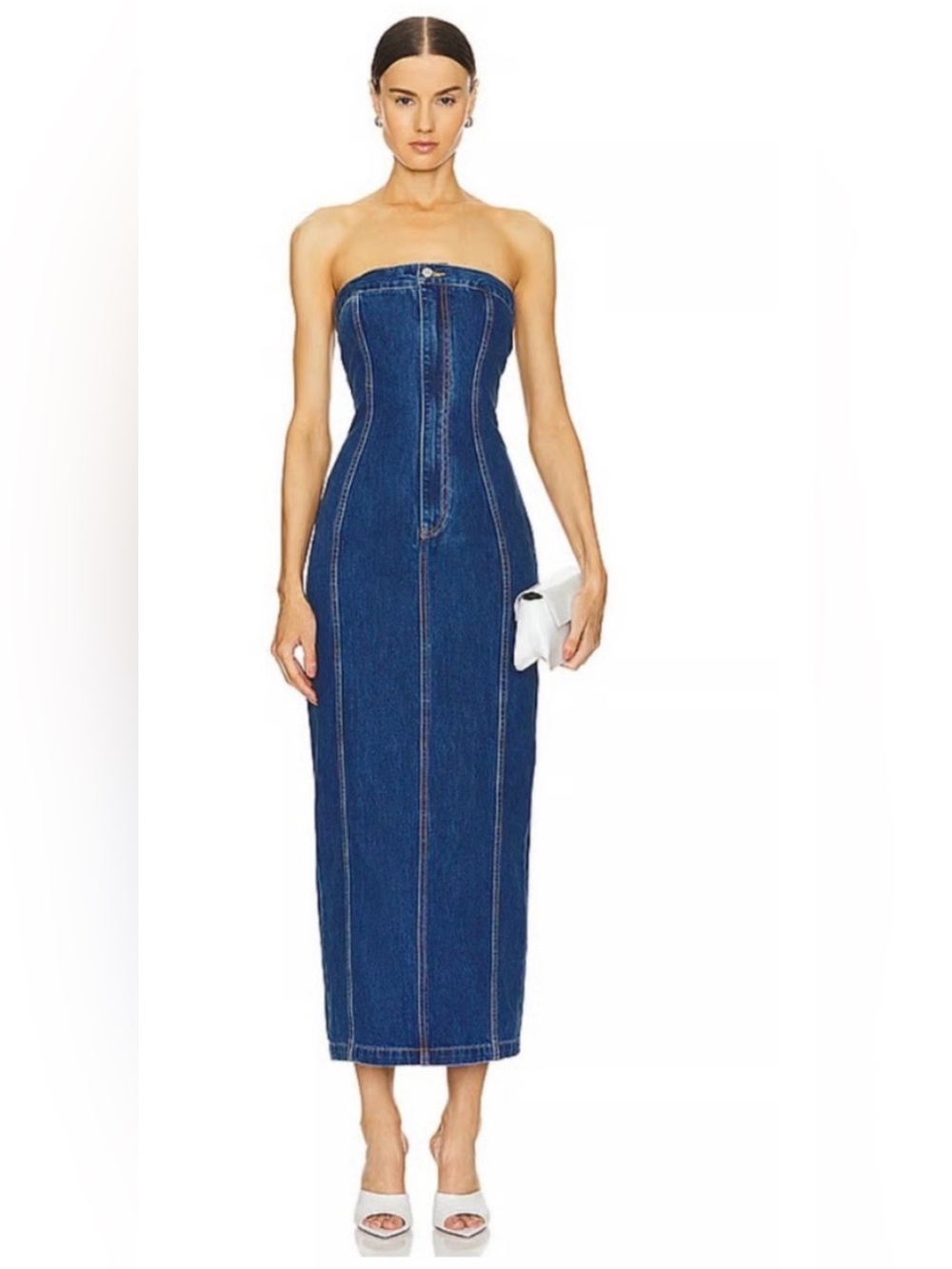 Ronny Kobo Collection Strapless Dark Blue Denim Midi Dress